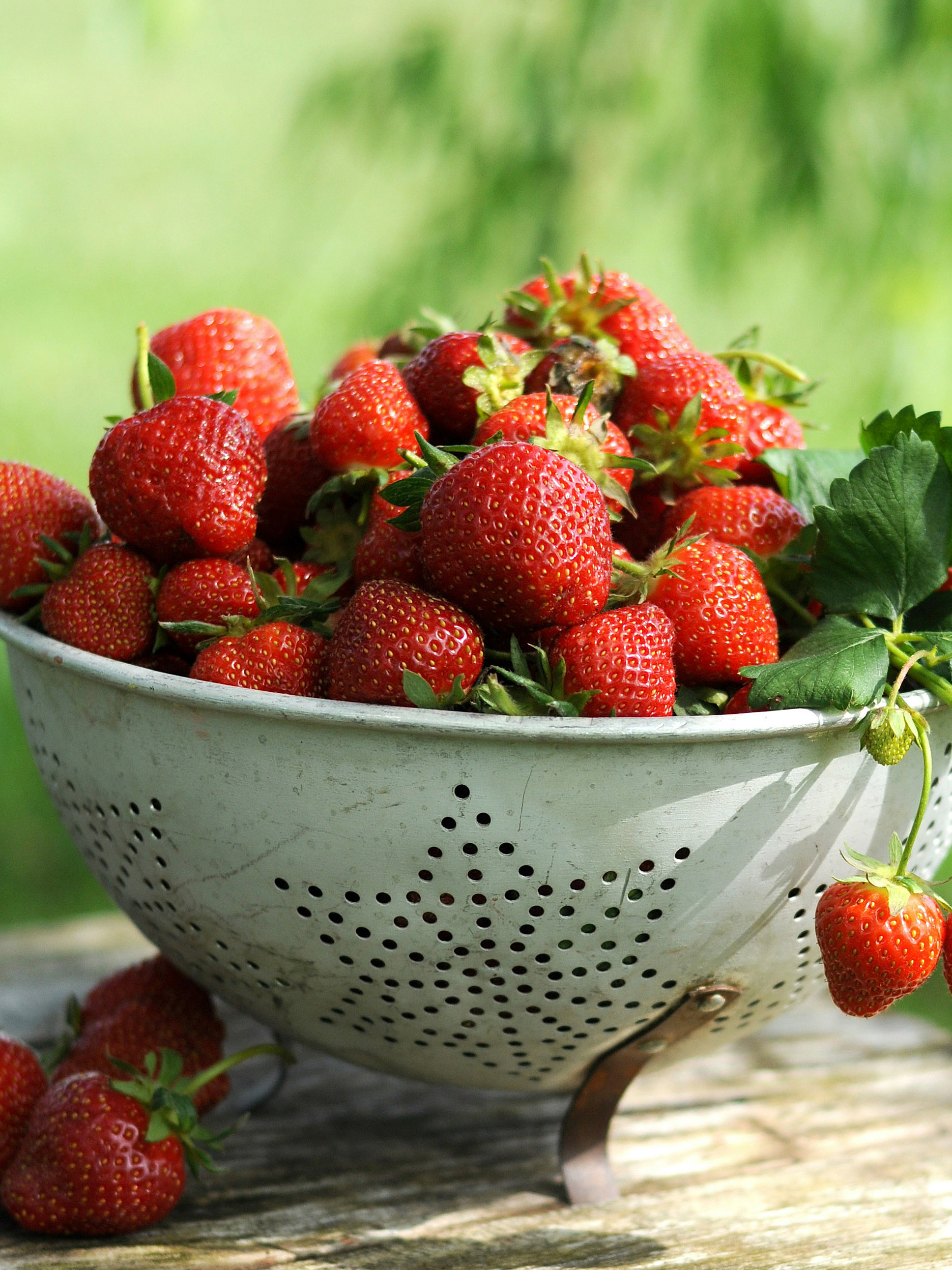 Strawberries in a colander.