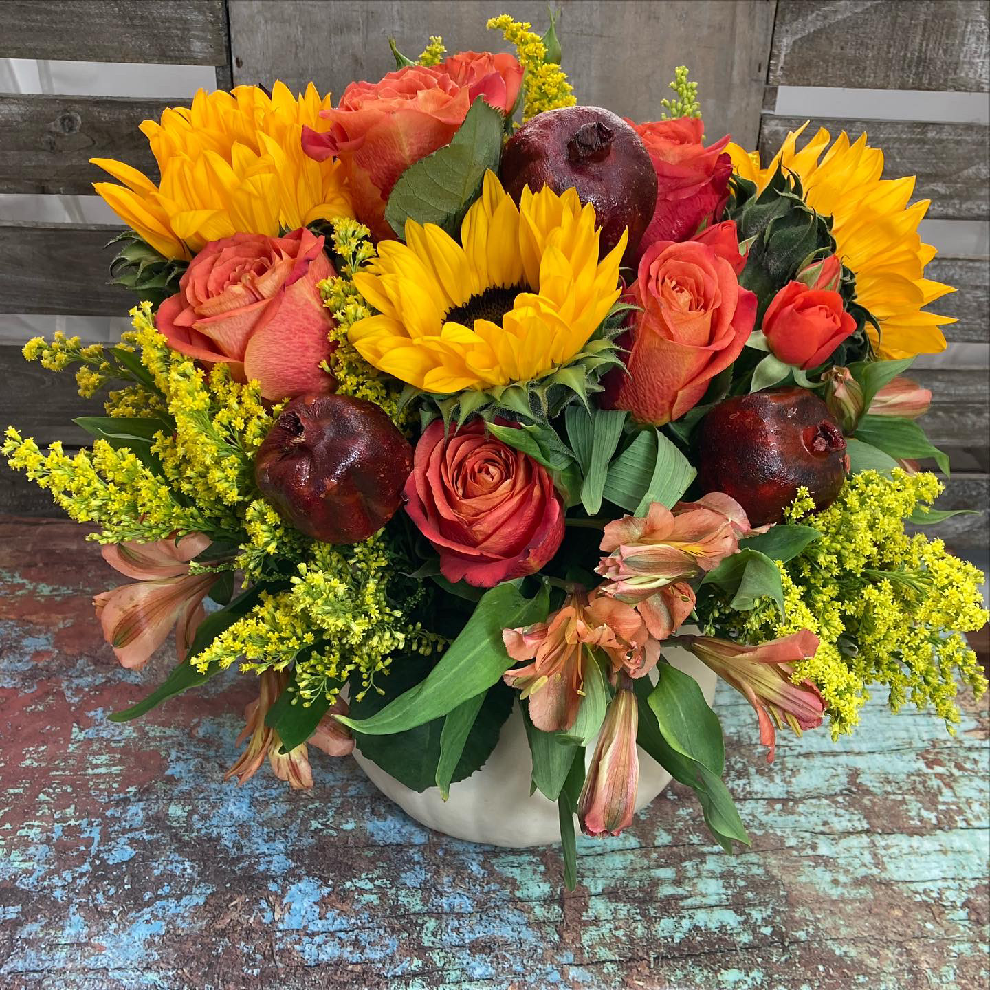 Sunflower, Rose, & Pomegranate Floral Vase