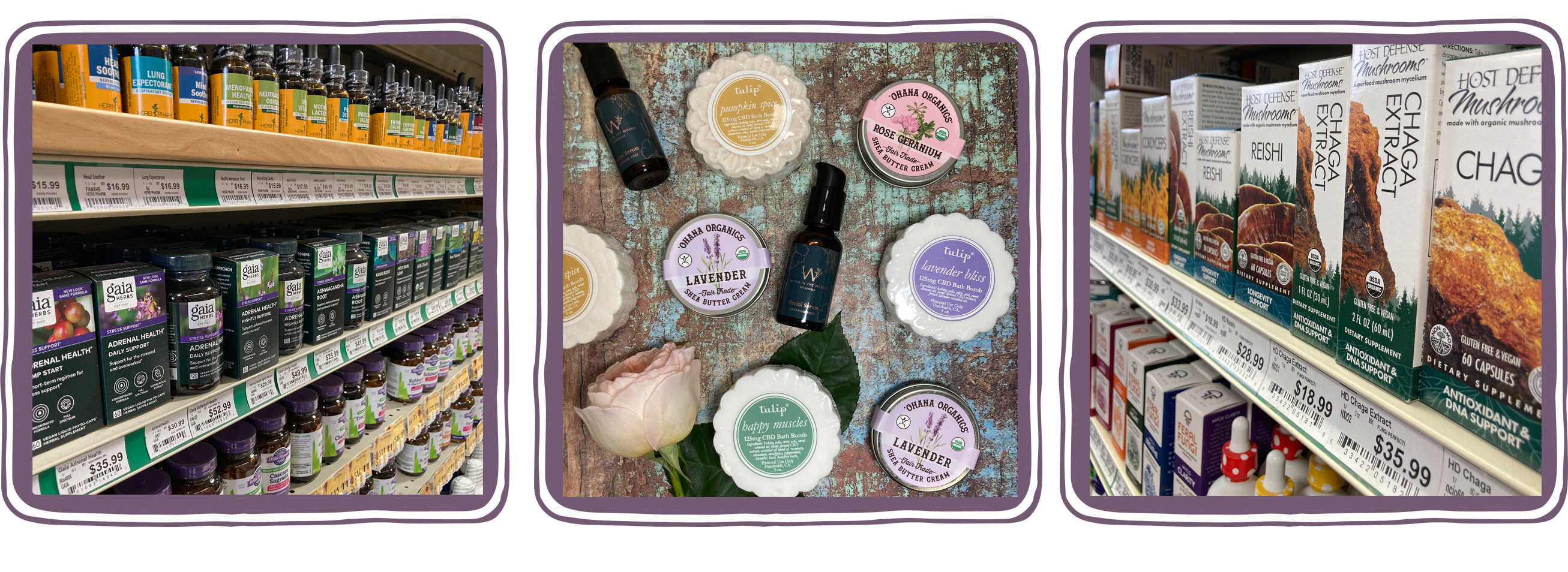 Images of tinctures, supplements, and local bodycare products from Tulip, Ohana Organics, & Witch in the Woods.